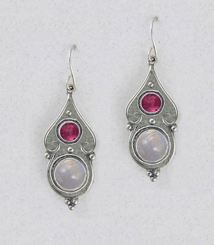 Sterling Silver Rainbow Moonstone And Pink Tourmaline Gemstone Drop Dangle Earrings